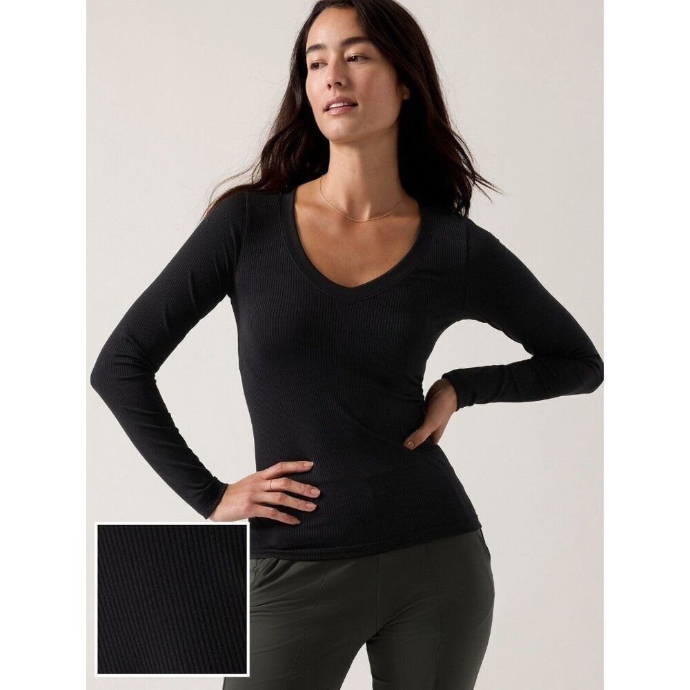 Athleta Renew Seamless V Neck Top Womens Small Black Ribbed NEW